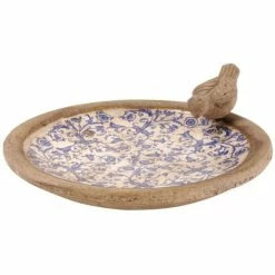 D33.5cm Aged Ceramic Bird Bath with Bird Detail