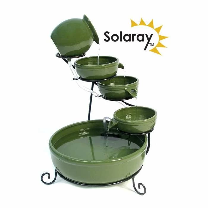 H55cm Green Solar Ceramic Water Feature with Battery Backup & LEDs by Solaray