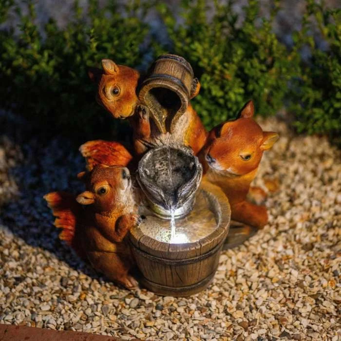 39cm Solar Squirrels Pouring Bowls Tiered Water Feature With Battery Backup and Lights By Solaray - Image 2