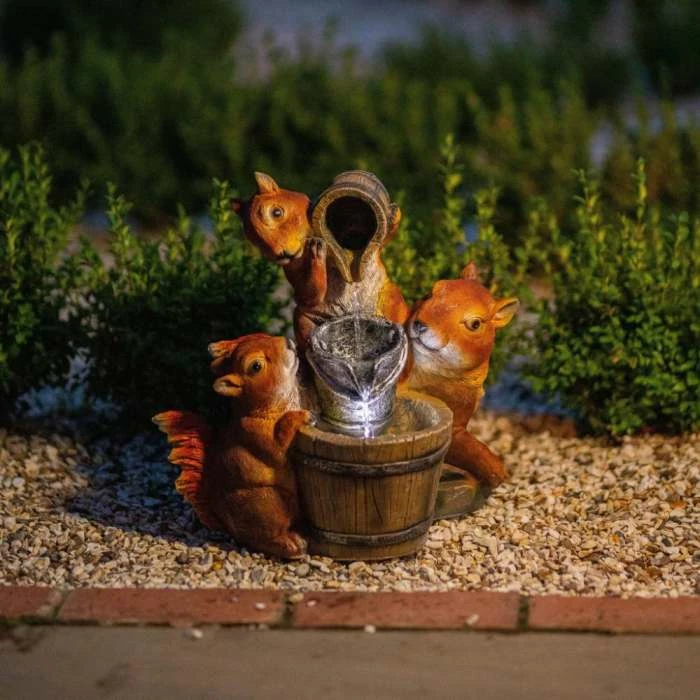 39cm Solar Squirrels Pouring Bowls Tiered Water Feature With Battery Backup and Lights By Solaray - Image 3