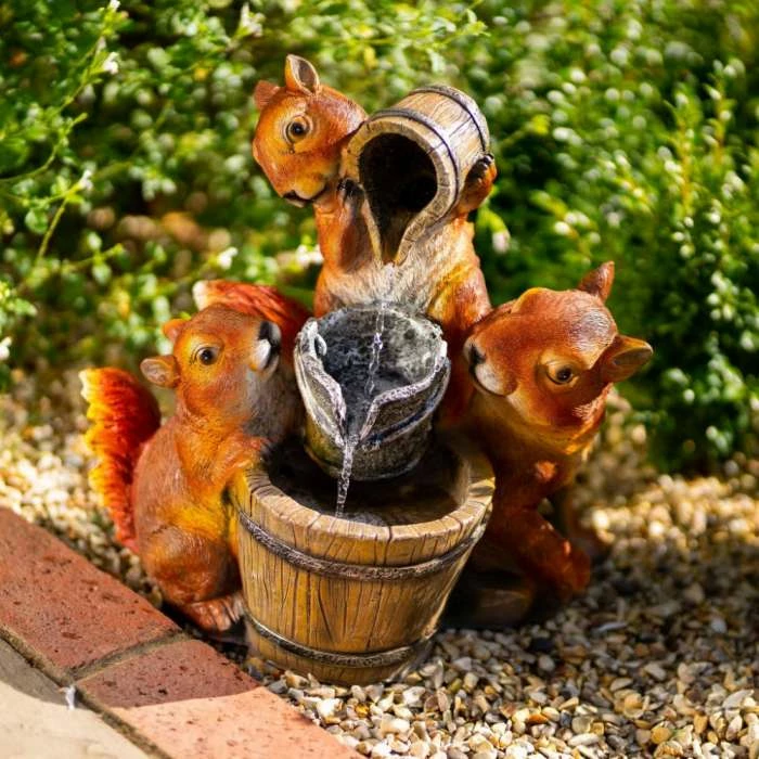 39cm Solar Squirrels Pouring Bowls Tiered Water Feature With Battery Backup and Lights By Solaray - Image 4