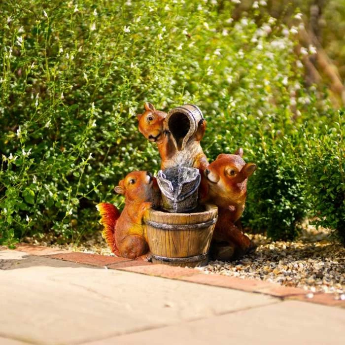39cm Solar Squirrels Pouring Bowls Tiered Water Feature With Battery Backup and Lights By Solaray - Image 5