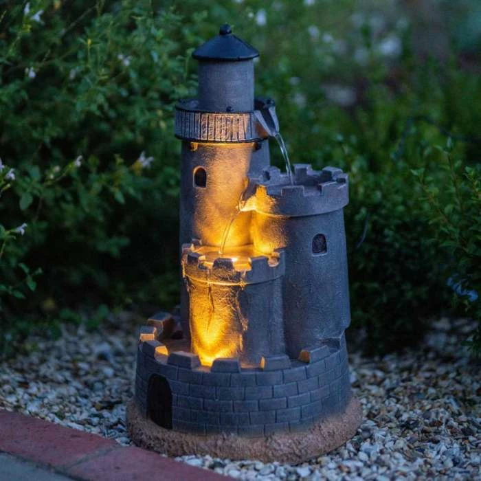 49cm Solar Grey Castle Tiered Cascading Water Feature With Battery Backup and Lights By Solaray - Image 2