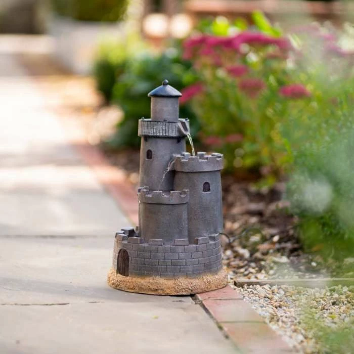 49cm Solar Grey Castle Tiered Cascading Water Feature With Battery Backup and Lights By Solaray - Image 4