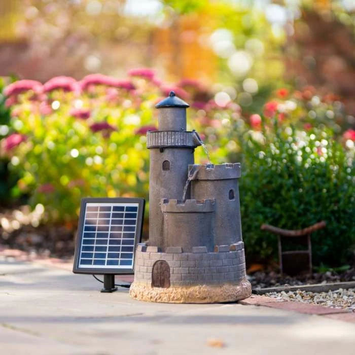49cm Solar Grey Castle Tiered Cascading Water Feature With Battery Backup and Lights By Solaray - Image 6