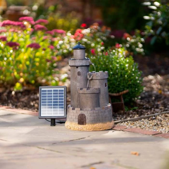 49cm Solar Grey Castle Tiered Cascading Water Feature With Battery Backup and Lights By Solaray - Image 7