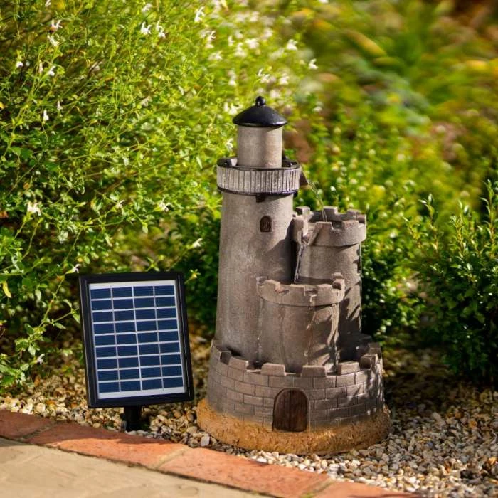 49cm Solar Grey Castle Tiered Cascading Water Feature With Battery Backup and Lights By Solaray