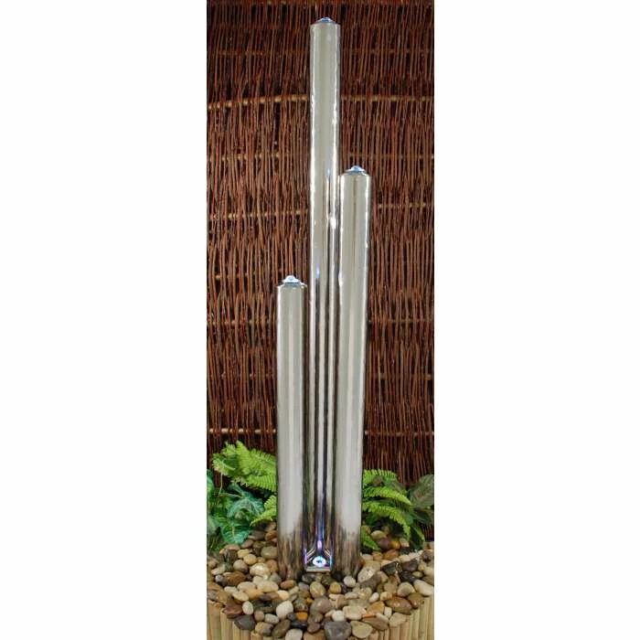 H121cm 3 Polished Tubes Stainless Steel Water Feature with Lights | Indoor/Outdoor Use by Ambienté - Image 2