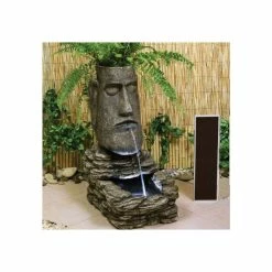 H73cm Easter Island Solar Head Water Feature & Planter with Lights by Solaray