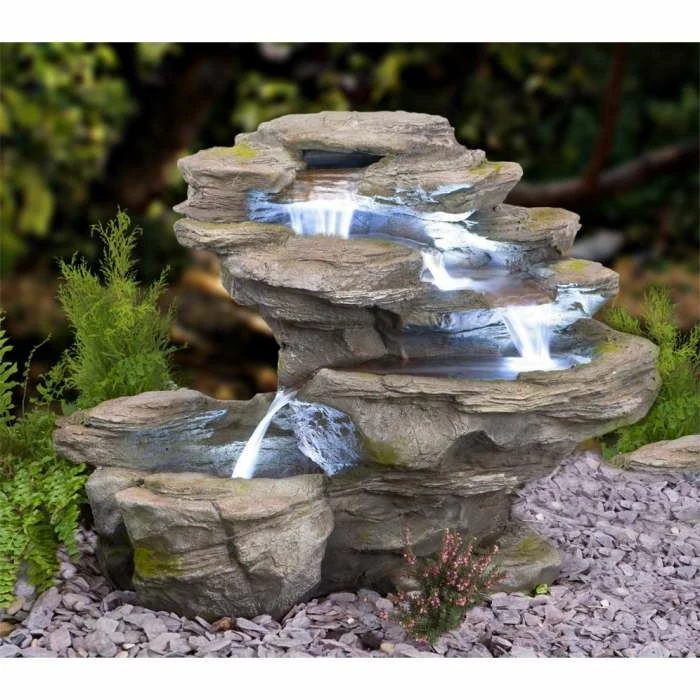 H65cm Ogen River Leap 4-Tier Cascading Water Feature with Lights | Indoor/Outdoor Use by Ambienté