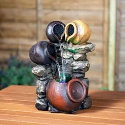 H27cm Triple Trickle Honey Pots Water Feature with Lights | Indoor/Outdoor Use by Ambienté