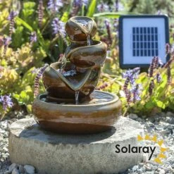 H25cm Cosmos Solar Oil Jar Ceramic Water Feature in Brown - Outdoor & Conservatory Use by Solaray
