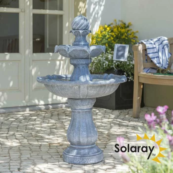 H92cm Grey Imperial Tiered Solar Water Fountain with Lights by Solaray