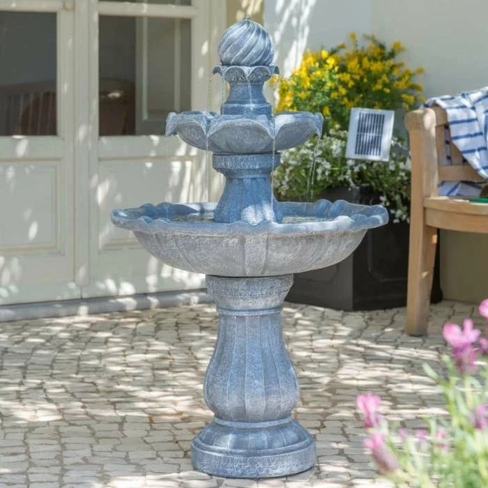 H92cm Grey Imperial Tiered Solar Water Fountain with Lights by Solaray - Image 2