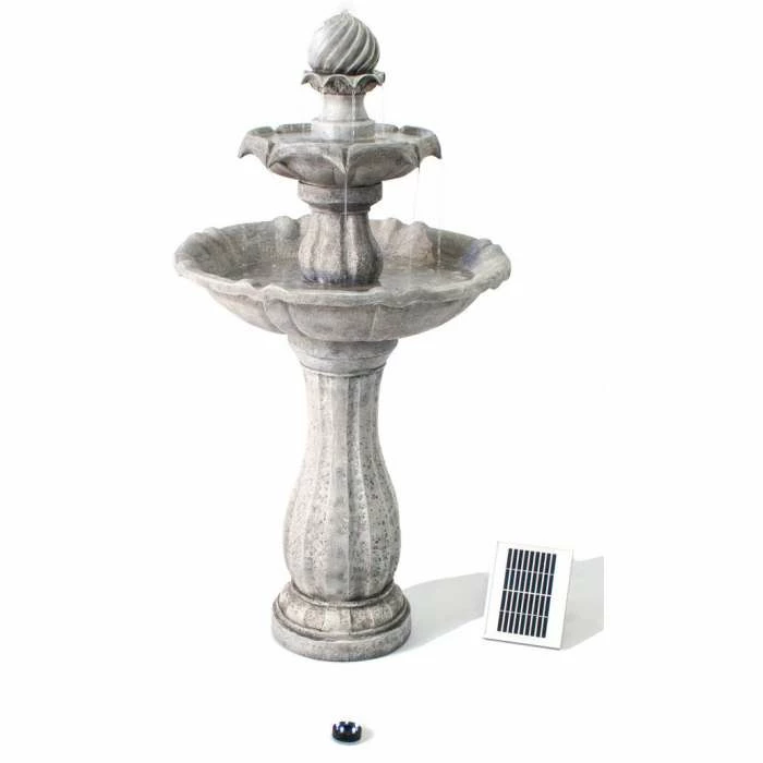 H112cm White Imperial Round Tiered Solar Water Fountain with Lights by Solaray - Image 2